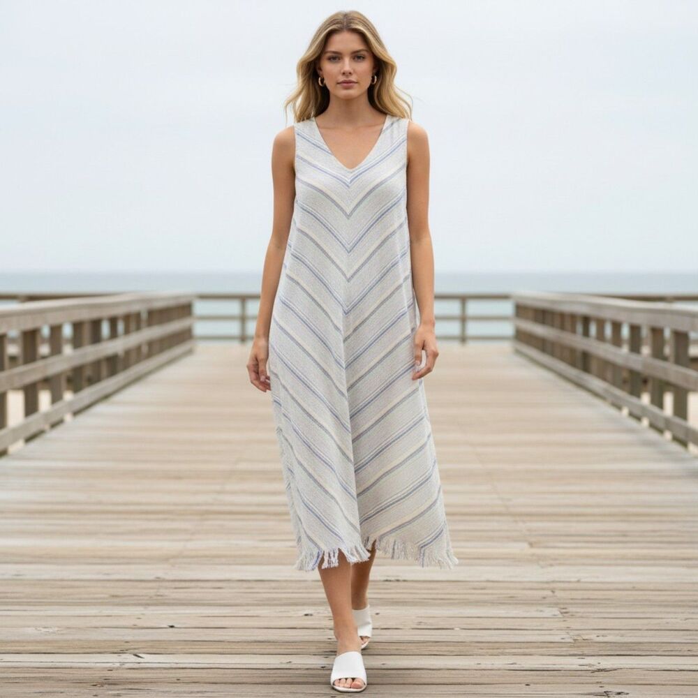 For Cynthia Women's Dress Linen Blend Size M Sleeveless White Periwinkle Striped